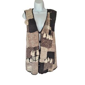 Heirloom Collectible Womens L Patchwork Knit Vest Beige Black Cotton Acrylic Vtg